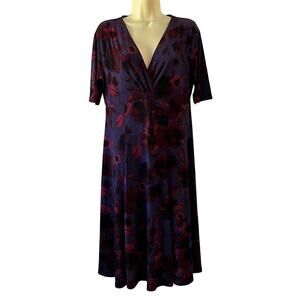 George Purple Floral Print Knit Dress Woman Size Large 12/14 Surplice Full Skirt
